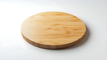 Round bamboo cutting board on white background for food presentation and preparation mockup