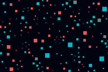 Seamless vector pattern with glowing pixel squares in red and cyan on a dark background. Futuristic, matrix-inspired print networks, digital flow, cyber data, wrapping paper