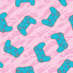 Seamless vector pattern with blue game controllers on a pink pixel-style background. Pink gaming ornament. Girlish gaming print for fashion textile, posters, wrapping paper