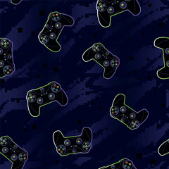Gamepad Seamless vector pattern with neon-outlined game controllers and pixel squares dark digital background. Gaming print for fashion, textile, wrapping paper.
