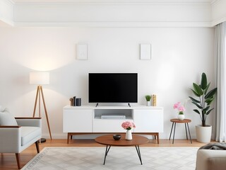 Modern Living Room Interior Mockup with TV Cabinet, Lamp, Table, and Indoor Plants