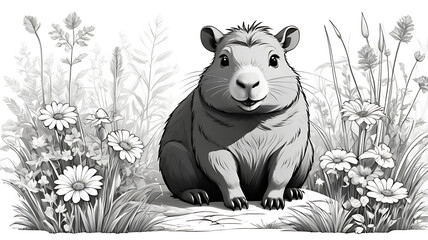 Adorable Guinea Pig in a Wildflower Meadow A Charming Black and White Illustration