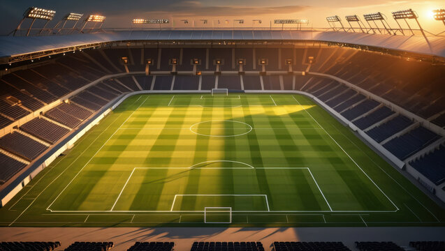 Empty soccer stadium under evening sunlight showcasing green field and surrounding empty seats