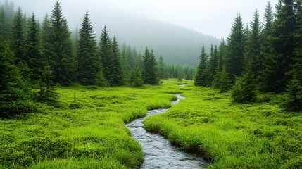 Obraz premium Nature conservation concept. Serene river flowing through lush green forest landscape.