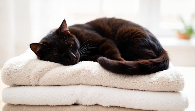 Black cat sleeping on soft white towels indoors by the window  