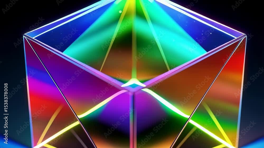 Poster abstract geometric shape features vibrant spectrum of rainbow colored light beams on dark background