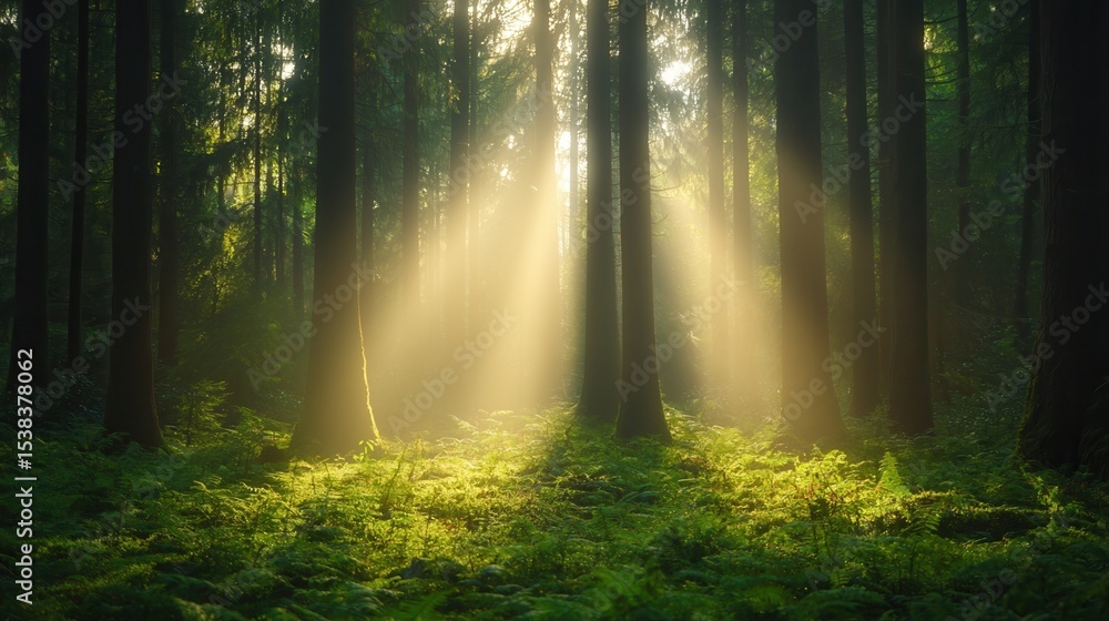 Poster nature conservation concept. sunlight filters through trees in a serene forest scene.