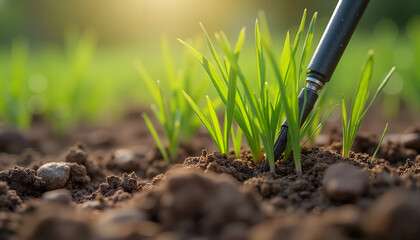 Growth of green grass in soil with gardening tool in sunny field  