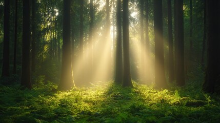Obraz premium Nature conservation concept. Sunlight filters through trees in a serene forest scene.