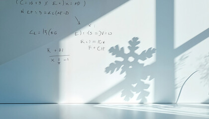 Snowflake shadow on wall with mathematical equations in daylight