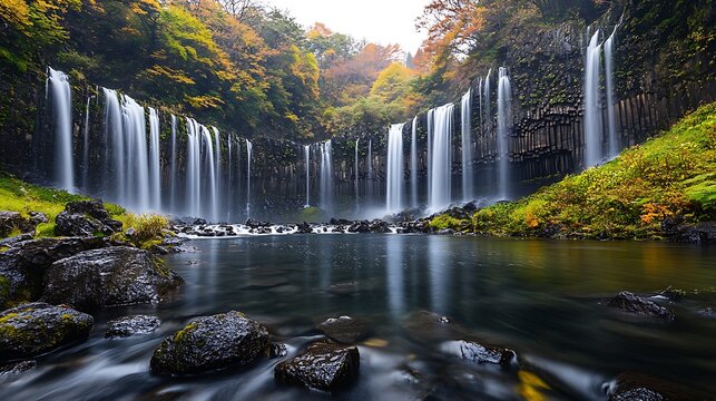 Scenic shiraito falls cascading over rock formations with autumn foliage backdrop and foreground rocks