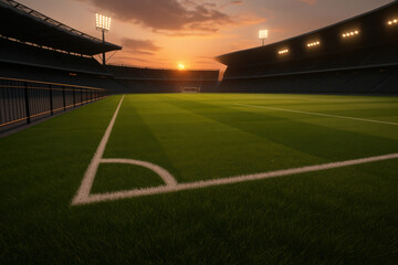 Soccer stadium illuminated by sunset lighting with empty green field and glowing floodlights