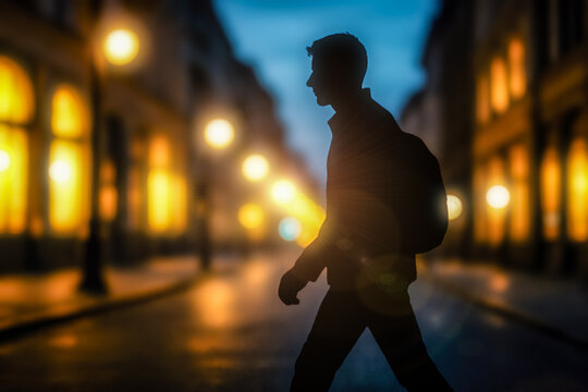 Pedestrian Safety at Night. Silhouette of pedestrian crossing dark city street at night with blurred bokeh lights, concept for road safety and accident prevention