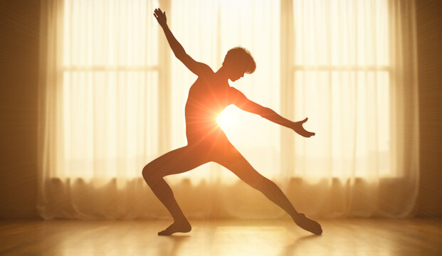 Silhouette of graceful dancer in elegant pose against bright sunrise in front of large window, a concept of artistic expression