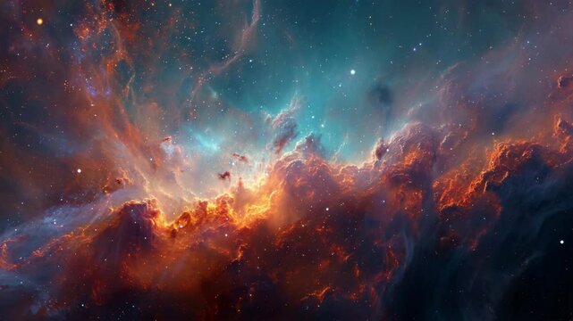 Vast and colorful cosmic nebula with glowing gas clouds and countless stars. Deep space, astronomy background.

