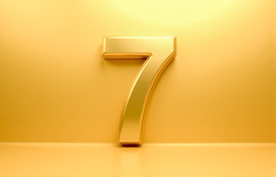 Shiny gold number seven 7 on glowing yellow background ideal for promotion leadership branding content ranking ideas or corporate visual design use. 3d illustration