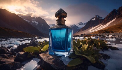 A premium artisanal fragrance concept, presented Glass bottle elegance of product photoshoot " AI generator "
