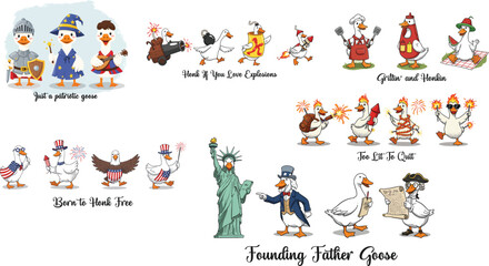 Funny 4th of July Patriotic Goose Vector Set – American Independence Day Cartoon Animals with Costumes and Fireworks