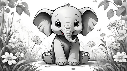 Adorable Baby Elephant Illustration A Charming Sketch in a Flowery Meadow
