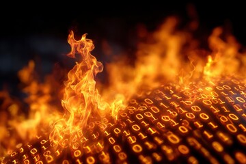 Burning binary code displays a fiery orange spectacle against a dark background