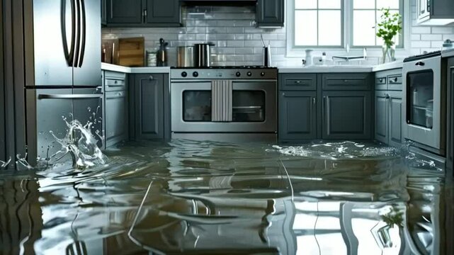 dramatic scene of a flooded kitchen with water pooling on tiled floor reflections of stainless steel appliances in the water create an eerie atmosphere emphasizing the urgency of property damage.