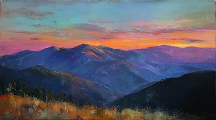 Atmospheric oil painting of mountain sunrise with vivid brushstrokes, glowing dawn sky, expressive color layers, and scenic landscape capturing peaceful morning light


