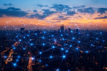 A map of the United States with blue connections between cities, representing global network and connectivity