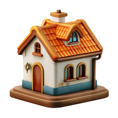 3d cartoon house model with orange roof isolated on transparent background