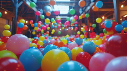 A large number of colorful balloons fill a room. The balloons are mostly round, but some are oval or even heart-shaped.