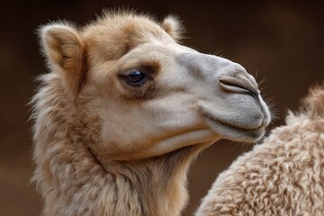 Obraz premium Camel profile tan fur textured snout dark eye blurred brown background