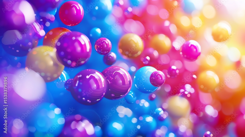 Poster 3d rendering. abstract background with colorful glossy spheres.