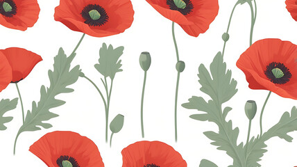 Vibrant Poppy Flower Seamless Pattern Red Poppies and Buds Illustration