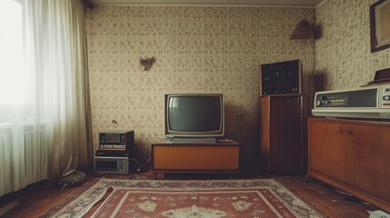 Retro living room with vintage furniture and TV