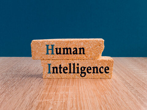 Human intelligence symbol. Brick blocks with word Human intelligence on beautiful wooden table yellow background. Business concept