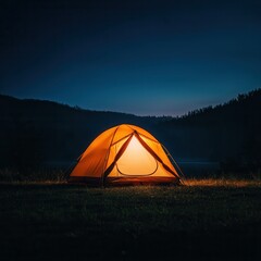 camping concept. Bright tent glowing at night near a tranquil lake and forest backdrop.