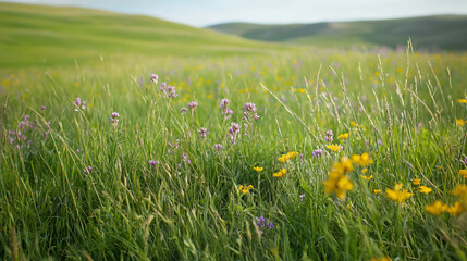 Obraz premium National Meadows Day — Wildflower Field under Summer Breeze, Buttercups and Clover Lure Bees, Inspiring Communities to Protect Pollinator-Rich Grasslands and Restore Flower Meadows
