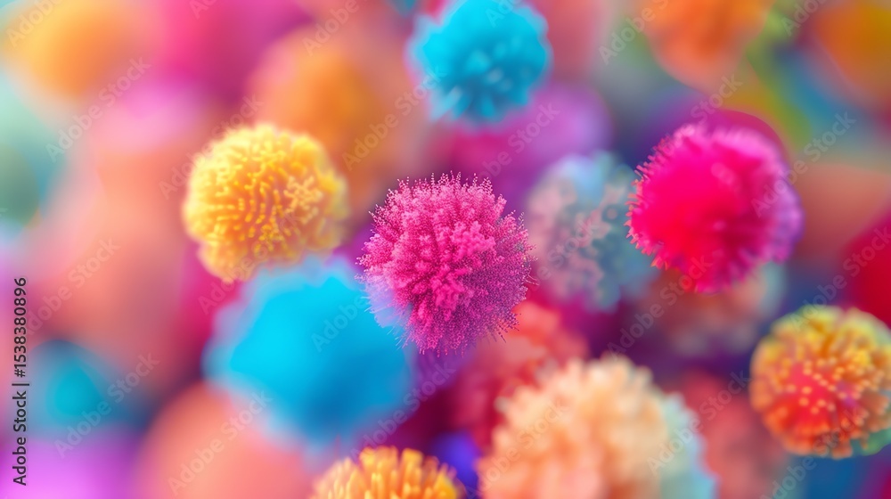 Poster colorful 3d rendering of multiple dandelion seeds.