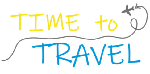 Time to travel handwritten text with airplane icon, colorful typography design for travel, vacation, poster, banner or card. Halftone effect