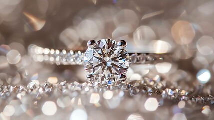 Exquisitely cut round brilliant diamond engagement ring with fourçˆªé‘² set in 14k white gold band, resting on a bed of tiny diamonds.