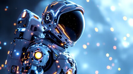 Astronauts wearing suits that glow with futuristic technology