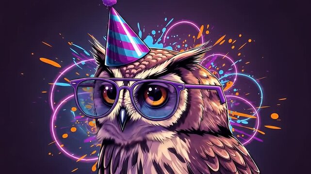 Party owl eyes logo wearing glasses and a birthday hat with vibrant neon background confetti