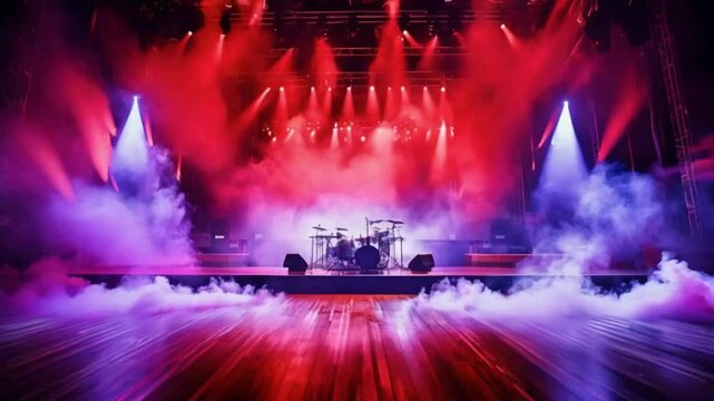 empty concert stage bathed in dramatic red and purple lights with smoke billowing across the floor creating an electrifying atmosphere highquality photo.
