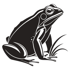 A silhouette frog sitting on some grass is featured in this graphic