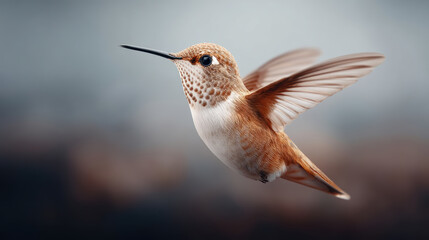 Fototapeta premium Vibrant hummingbird with brown and white feathers hovers gracefully in mid air