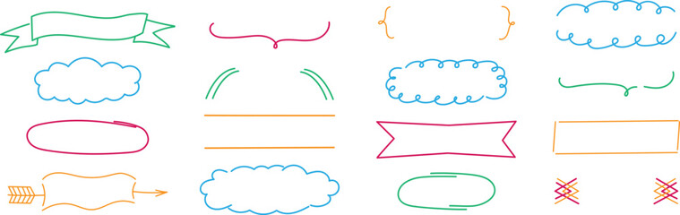 Hand-drawn colorful decorative frames and dividers set. Collection of doodle style borders, arrows, curly brackets, banners, and clouds. Ideal for scrapbooking, note design, invitations, and digital a