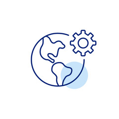 Earth and cogwheel. Global settings, environmental management, worldwide system configuration, international operations, sustainable technology, earth system optimization. Pixel perfect, editable stro