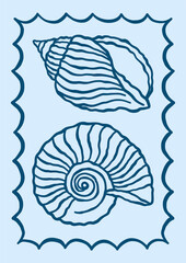 Underwater outline seashells vector illustration. Minimalist retro poster design with ocean shells in whimsical frame