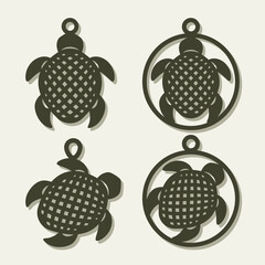 Set of cute turtle pendants. Hanging jewelry with a gold sea animal, mesh shell, paws. Template for plotter laser cutting of paper, fretwork, wood carving, metal engraving, cnc. Vector illustration.