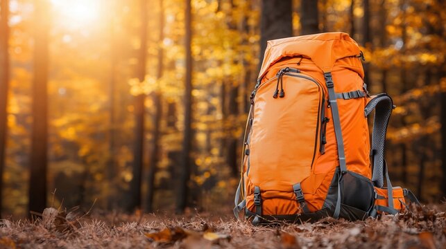 camping concept. Vibrant orange backpack in a sunlit autumn forest setting.