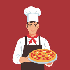 Smiling Chef Holding a Delicious Freshly Baked Pizza. Vector illustration.